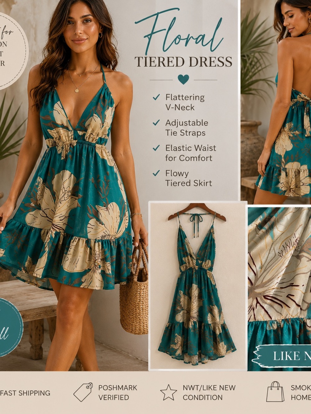 Floral Tiered V-Neck Mini Dress — Teal Floral